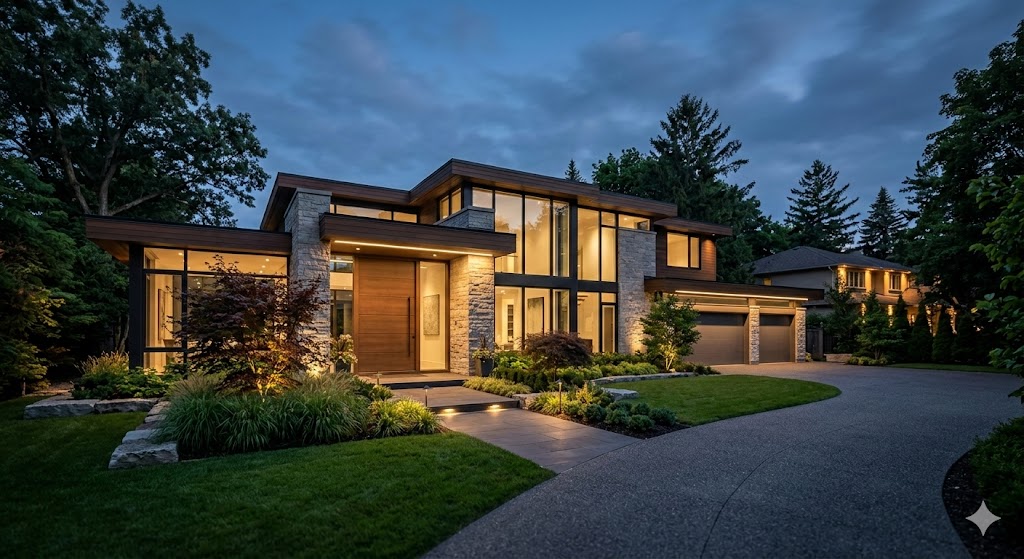 Modern residence with warm architectural lighting