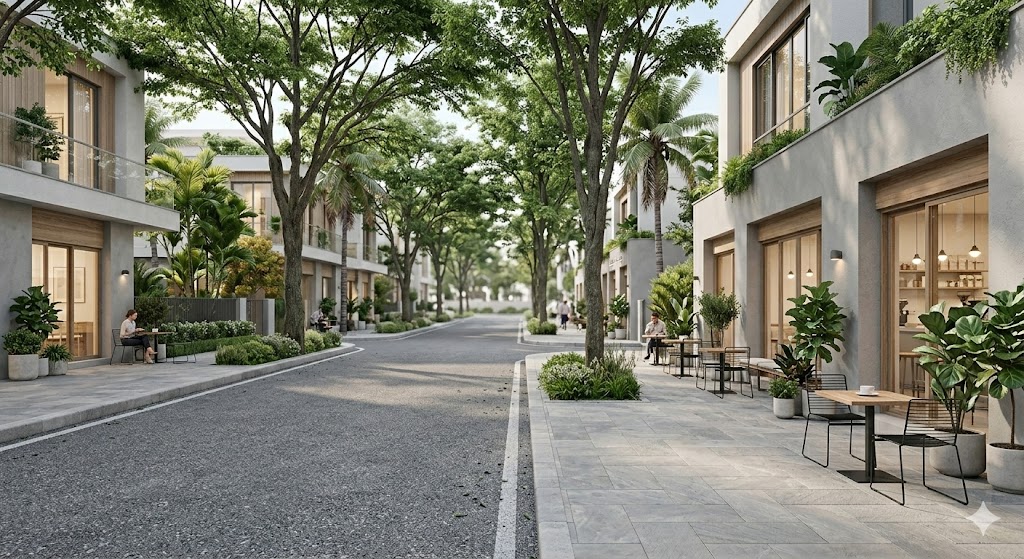 Walkable street with cafes and trees