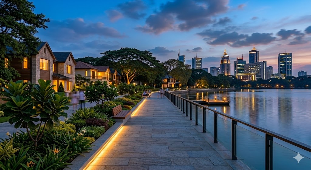 Urban mixed-use district with evening lights